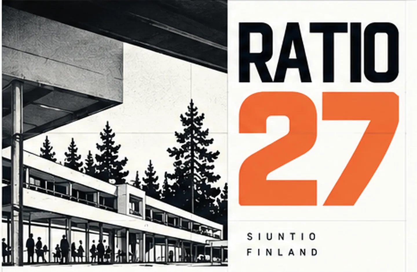RATIO 27 – Siuntio, Finland. Mustavalkoinen rakennuskuvitus ja havupuita.